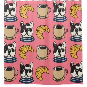French bulldog, coffee, croissant theme.