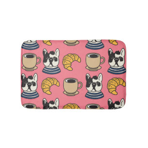 French bulldog, coffee, croissant theme. bath mat