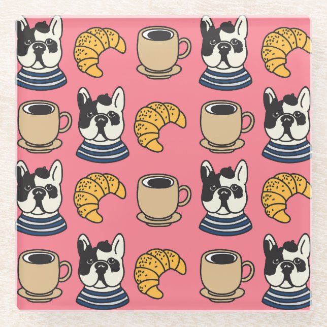 French bulldog, coffee, croissant theme. glass coaster (Front)