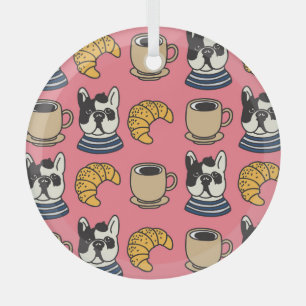 French bulldog, coffee, croissant theme. glass ornament