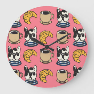 French bulldog, coffee, croissant theme. large clock