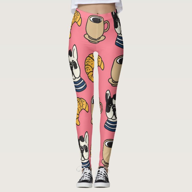 French bulldog, coffee, croissant theme. leggings (Front)