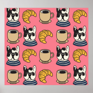 French bulldog, coffee, croissant theme. poster
