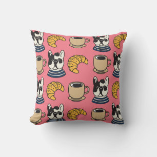 French bulldog, coffee, croissant theme. throw pillow