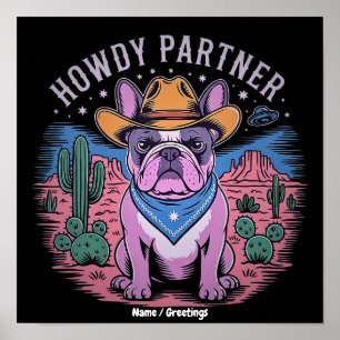 French Bulldog Cowboy UFO Funny Vintage Western Poster