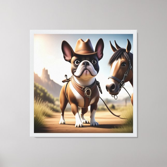 French bulldog cowboy with horse canvas print (Front)