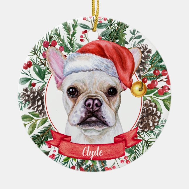 French Bulldog Custom Dog Santa Christmas Ornament (Front)