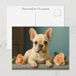 French Bulldog Cute Modern Puppy Dog Rose Portrait Holiday Postcard