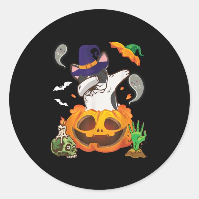 French Bulldog Dabbing To Open Pumpkin Halloween Classic Round Sticker (Front)