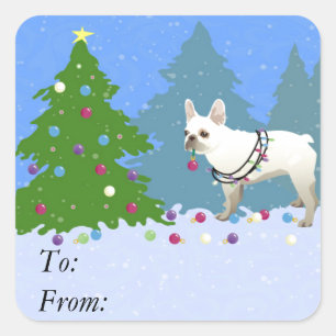 French Bulldog Decorating Tree in the Forest Square Sticker