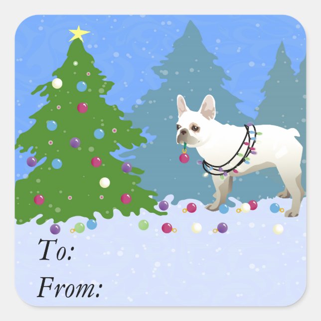 French Bulldog Decorating Tree in the Forest Square Sticker (Front)