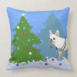 French Bulldog Decorating Tree in the Forest Throw Pillow