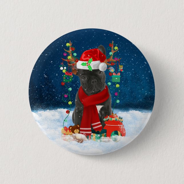 French Bulldog Dog in Snow with Christmas Gifts  2 Inch Round Button (Front)