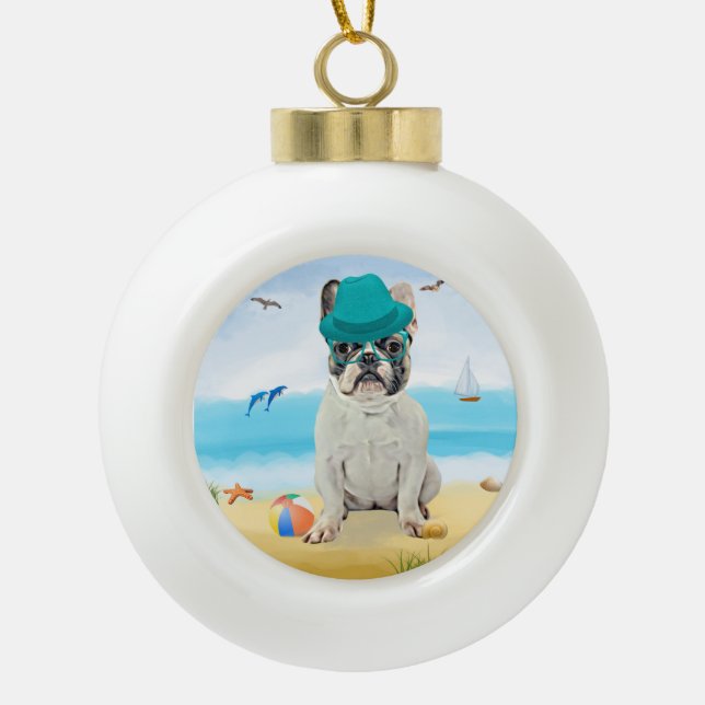French Bulldog Dog on Beach  Ceramic Ball Christmas Ornament (Front)