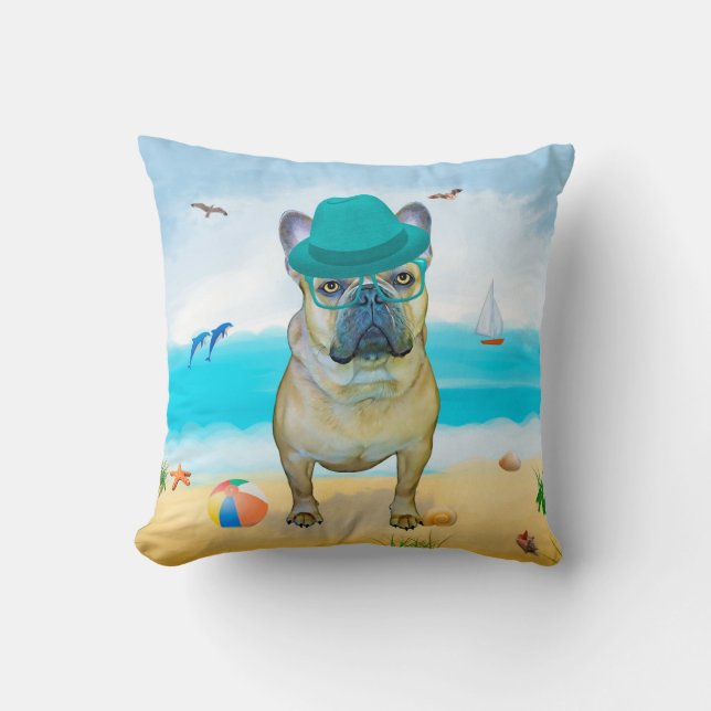 French Bulldog Dog on Beach  Throw Pillow (Front)