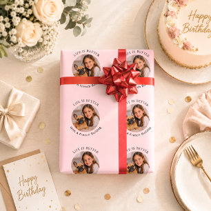 French Bulldog dog photo Life is Better Pink Wrapping Paper