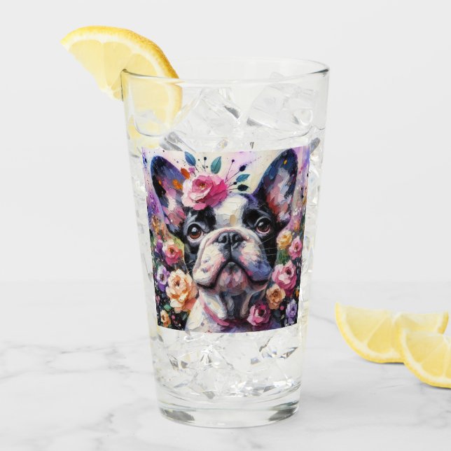 French Bulldog Dog Roses Floral Pink Black White Glass (Front Ice)