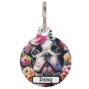 French Bulldog Dog Roses Floral Pink Black White Pet Tag