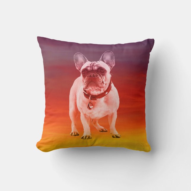 French Bulldog Dog Sitting On Beach Throw Pillow (Front)