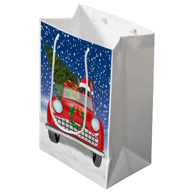 French Bulldog Driving Car In Snow Christmas Medium Gift Bag (Front Angled)