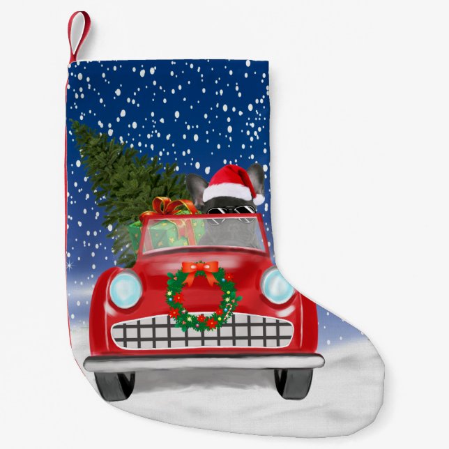 French Bulldog Driving Car In Snow Christmas Small Christmas Stocking (Front)