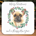 French Bulldog Elegant Dog Merry Christmas Square Sticker<br><div class="desc">Add the finishing touch to your holiday cards, gifts wrapping or party this holiday season with this elegant Merry Christmas french bulldog in a wreath design christmas stickers, and matching decor. This french bulldog holiday stickers features a watercolor dog in a green and red wreath with holly and berries. This...</div>