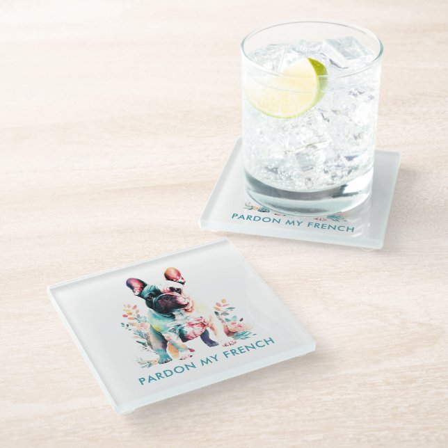 French Bulldog Flowers Pardon My French Glass Coaster (Angled)