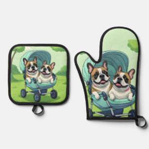French Bulldog Französische Bulldogge Zwillinge Oven Mitt & Pot Holder Set