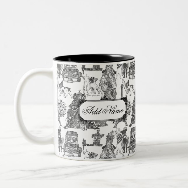 FRENCH BULLDOG Frenchie Black Toile w/Custom Name Two-Tone Coffee Mug (Left)