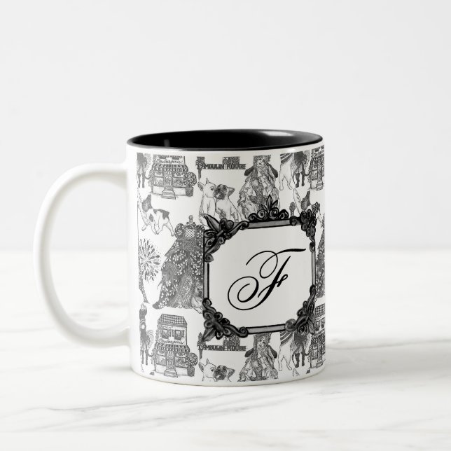 FRENCH BULLDOG Frenchie Black Toile w/Monogram Two-Tone Coffee Mug (Left)