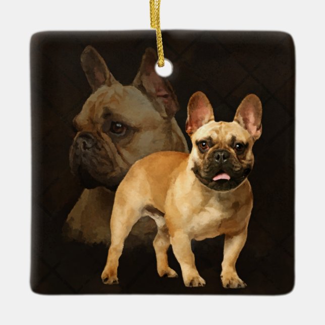 French Bulldog -Frenchie - Brown Plaid Ceramic Ornament (Front)