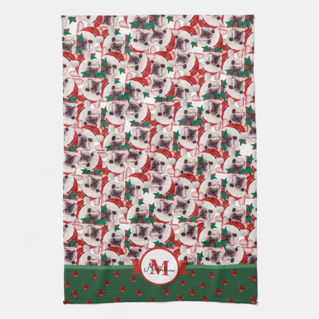 French Bulldog Frenchie Monogram Christmas Dog Kitchen Towel (Vertical)