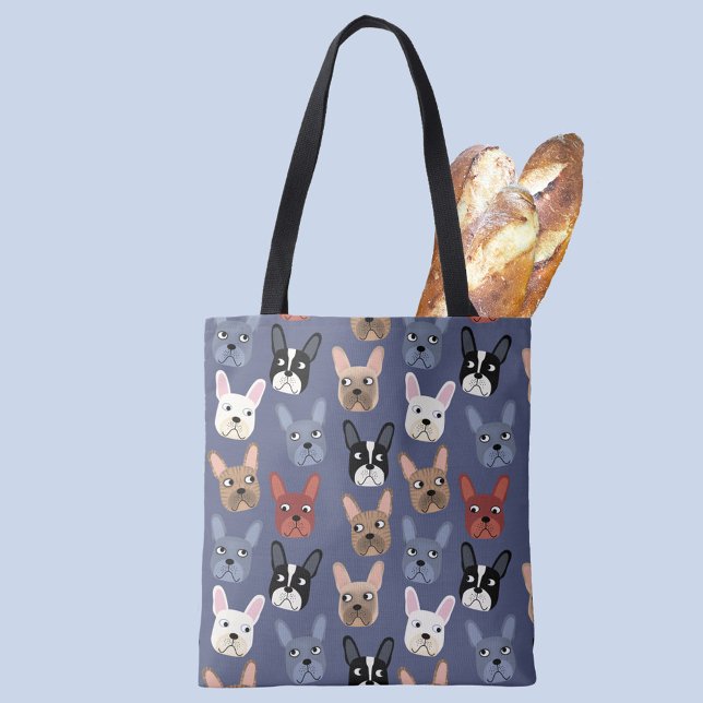 French Bulldog Fun Blue Tote Bag (Fun French Bulldog Frenchie dog patterned tote bag for your favorite animal lover)