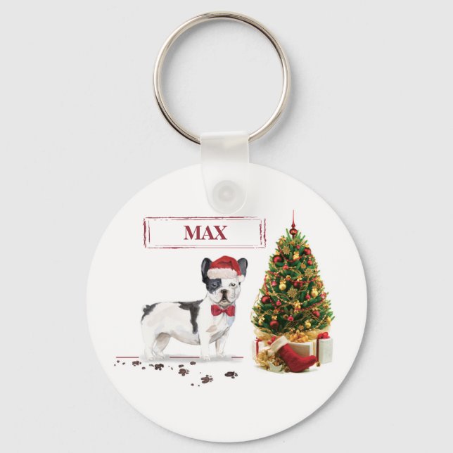 French Bulldog Funny Christmas Dog with Tree Keychain (Front)