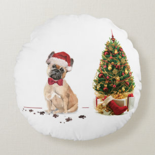 French Bulldog Funny Christmas Dog with Tree Round Pillow