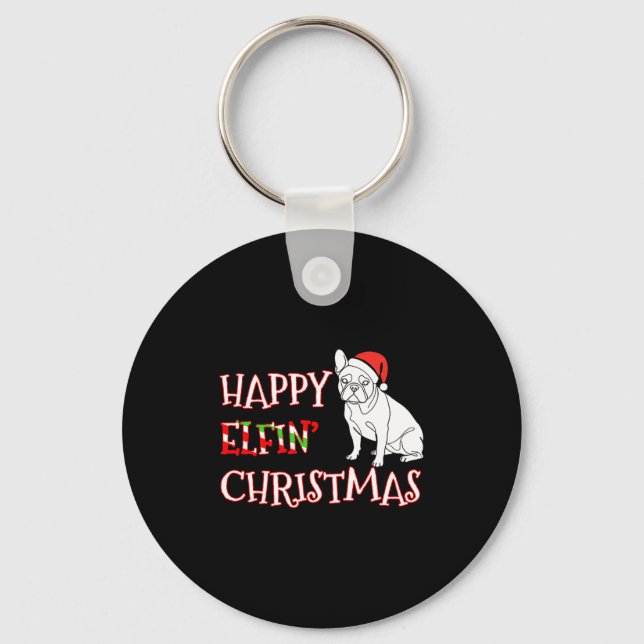 French Bulldog Funny Santa Hat Happy Elfin Christm Keychain (Front)
