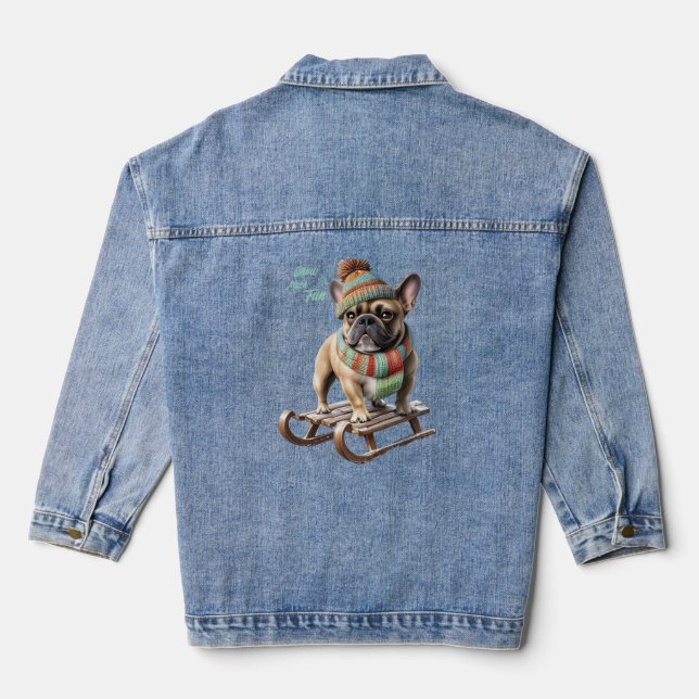 French Bulldog funny sled ride on vacation Denim Jacket (Back)