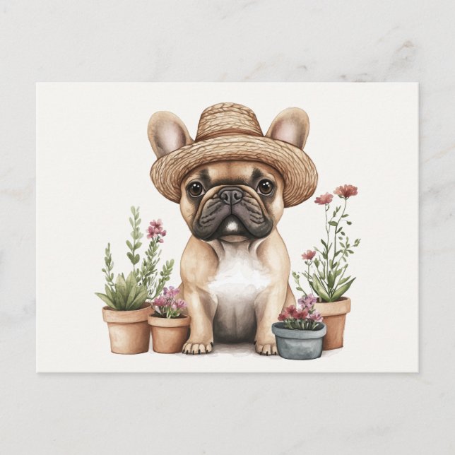 French Bulldog Gardening Flower Pots Postcard (Front)