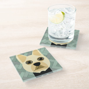 French Bulldog, Green Herringbone Glass Coaster