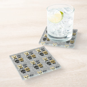 French Bulldog, Grey Herringbone, Glass Coaster