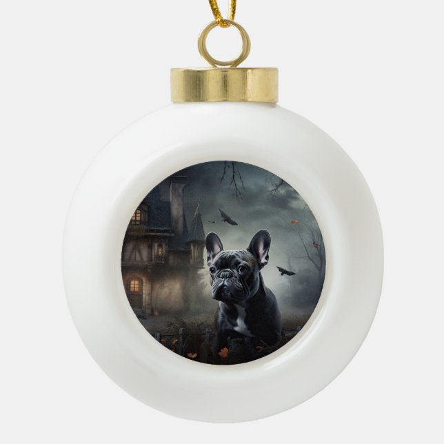 French Bulldog Halloween Scary Ceramic Ball Christmas Ornament (Front)