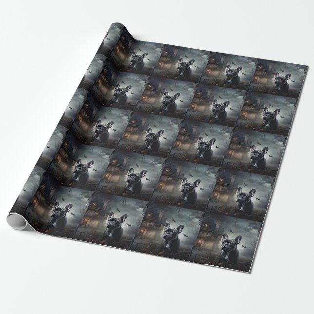 French Bulldog Halloween Scary Wrapping Paper (Unrolled)