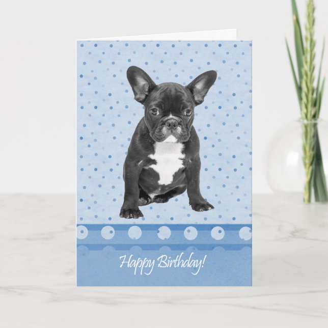French Bulldog Happy Birthday Card Blue dots (Front)