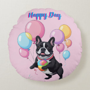French Bulldog Happy Day Französische Bulldogge  Round Pillow