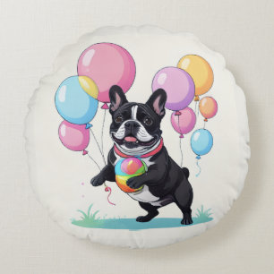 French Bulldog Happy Day Französische Bulldogge Round Pillow
