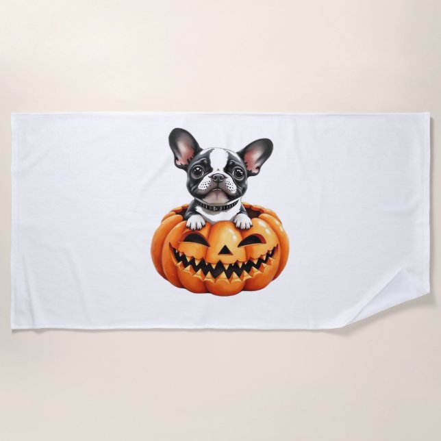 French Bulldog Happy Halloween pumpkin Classic T-S Beach Towel (Front)