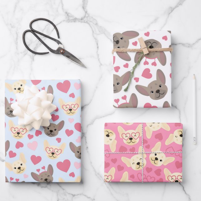 French Bulldog Heart Seamless Pattern Wrapping Paper Sheet (Front)