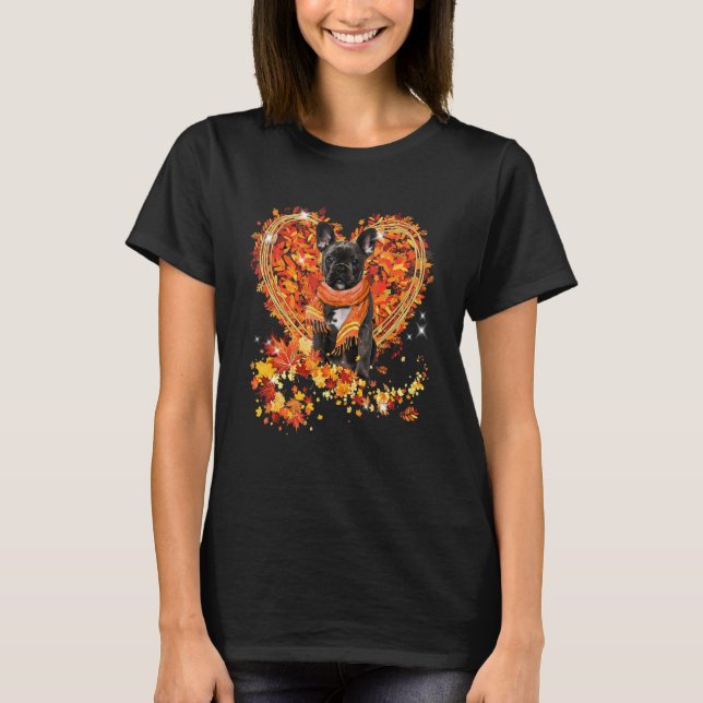 French Bulldog Hello Autumn Leaves Heart Fall Than T-Shirt (Front)