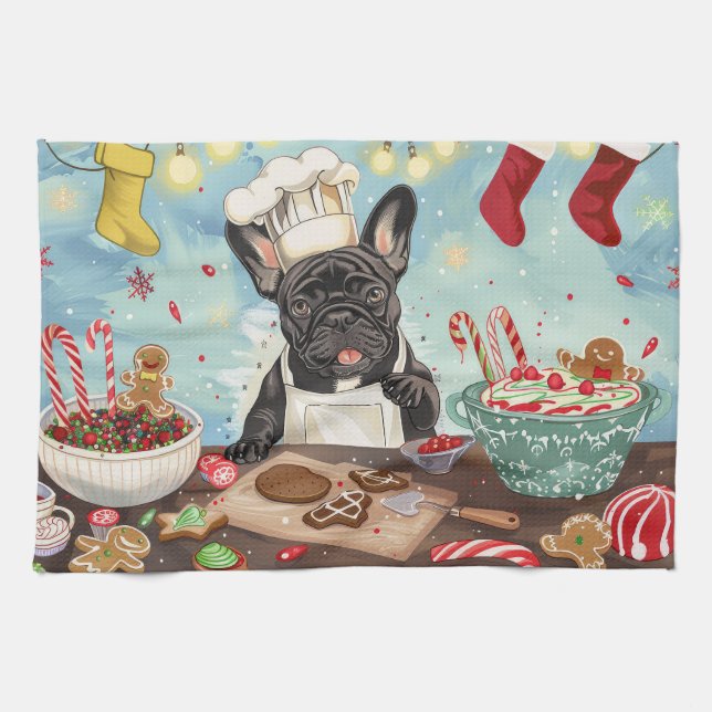 French Bulldog Holiday Baking: Festive Christmas Kitchen Towel (Horizontal)