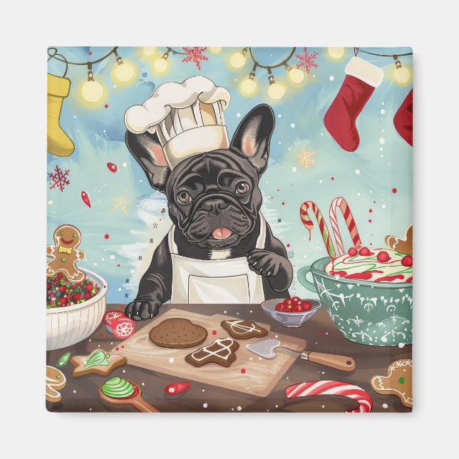 French Bulldog Holiday Baking: Festive Christmas Magnet (Front)
